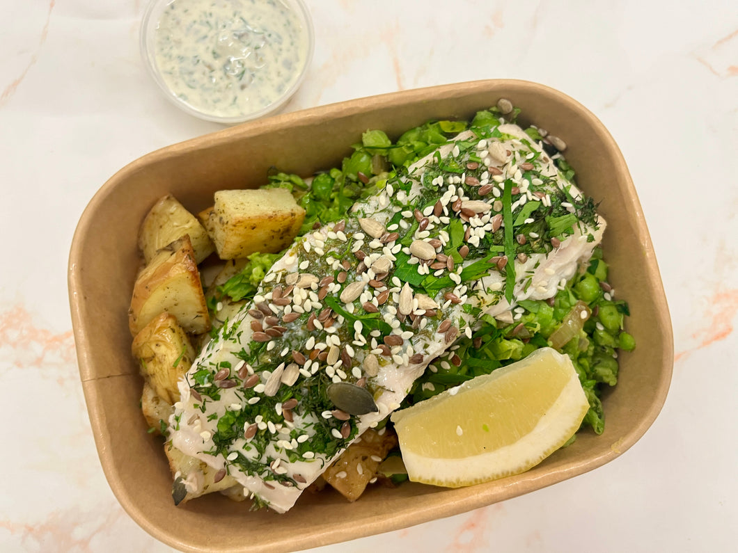 Monday: Lemon + Herb Hake, with Roasted Potatoes, Crushed Peas + Tartare Sauce (new!)