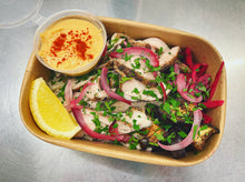 Load image into Gallery viewer, Monday: Chicken/Mushroom (V) Shawarma with Roasted Aubergine + Hummus
