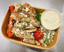 Load image into Gallery viewer, Monday: Za&#39;atar Chicken, or Halloumi (V) with Roasted Vegetables, Dill Rice + Tahini Yogurt
